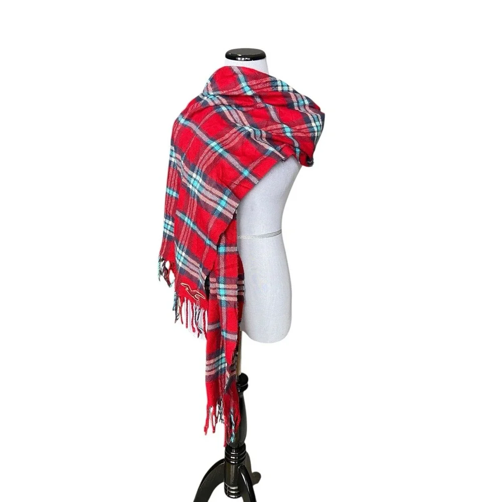 Hollister Red Plaid Fringe Logo Scarf Cozy Preppy Winter‎ Cabincore Outdoors Ivy